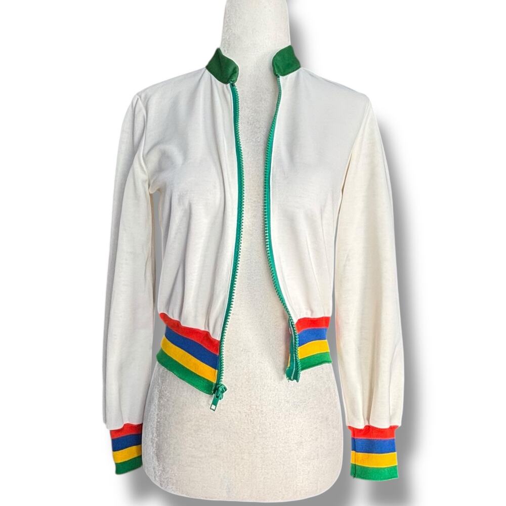 Vintage Rainbow Stripe Track Jacket Retro 70s Athletic Zip Up XS Pride Sporty - Picture 2 of 9